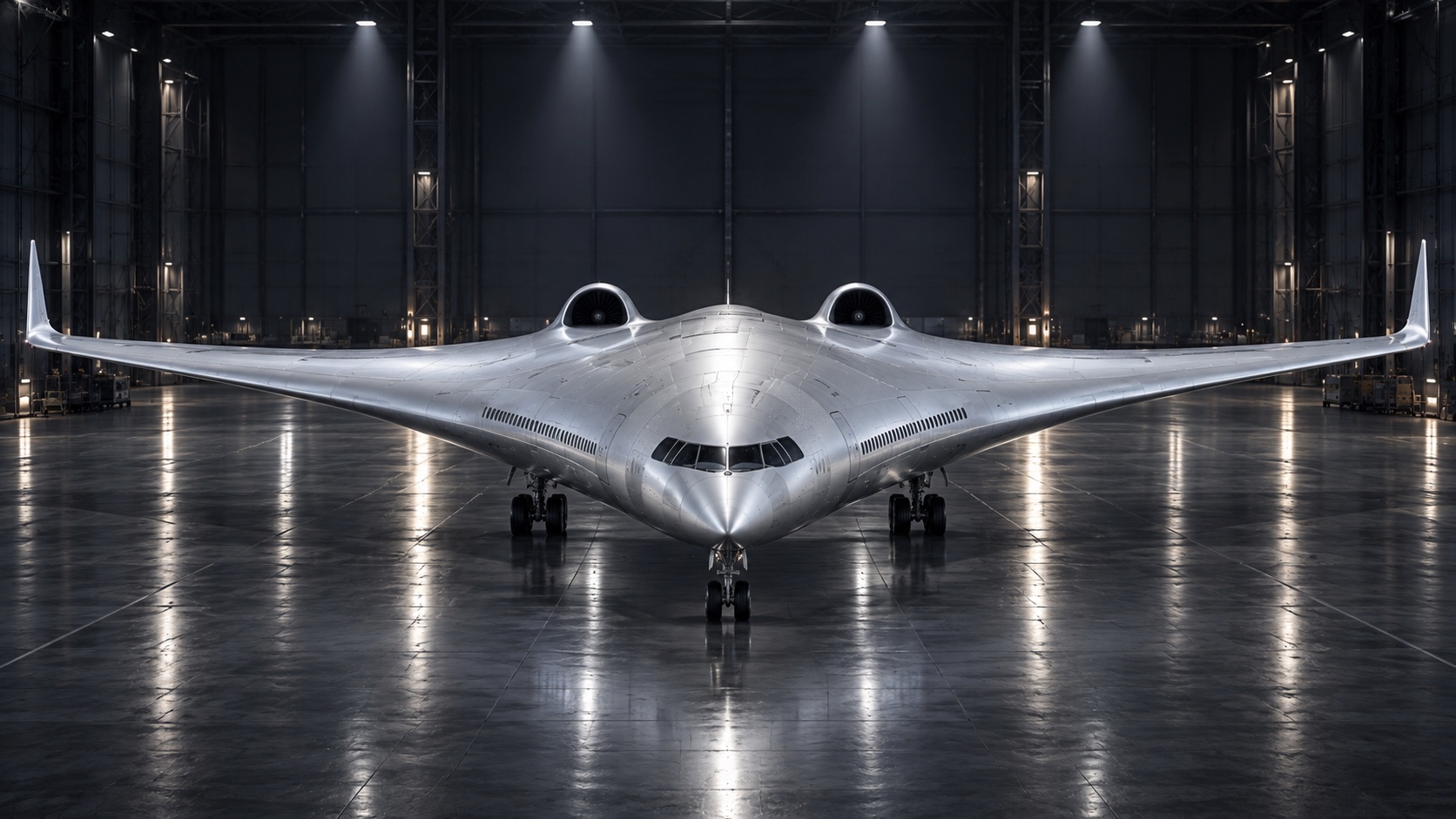 Symmetrical head-on view of a blended-wing-body aircraft concept, with both wings level and landing gear resting on a flat hangar floor.